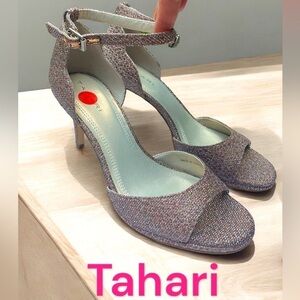 Tahari-NWT size 7.5. “Gea” Ankle Strap, 3” heels/open toe. Pink/silver sparkles!